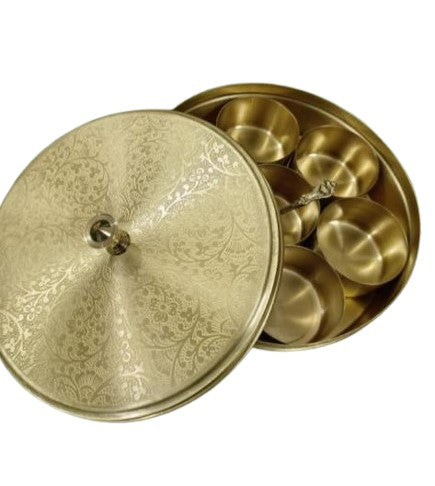brass carved round spice box with 7 containers and 1 spoon perfect for kitchen,